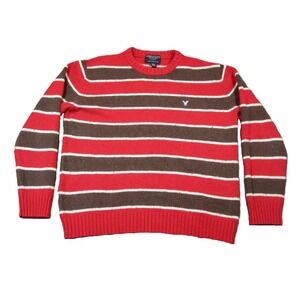 American Eagle Sweater Men M Red Brown Striped Wool Blend Crewneck Skater Preppy